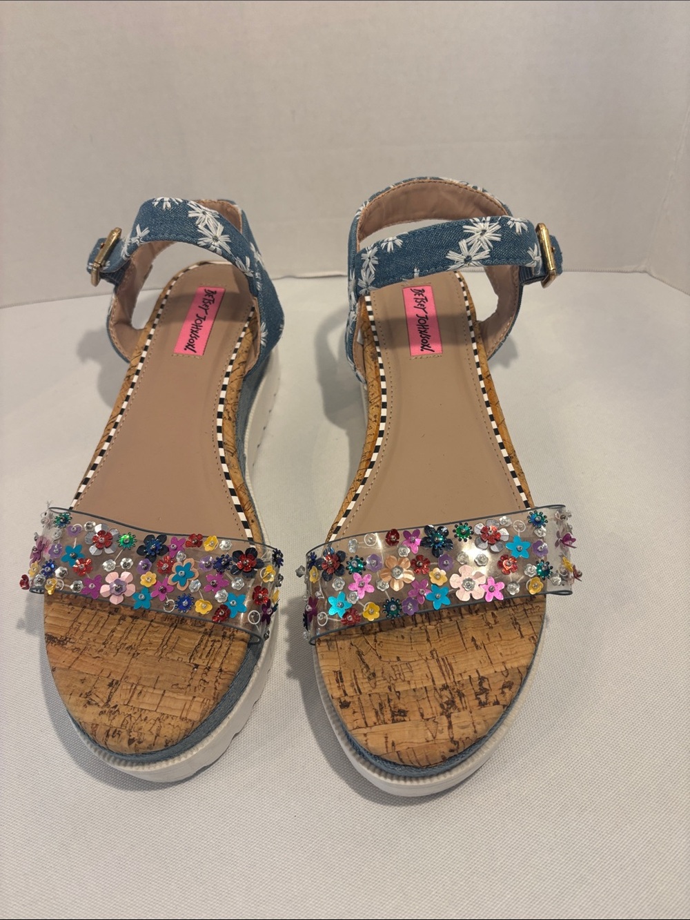 Betsey Johnson cork platform Denim Wedge Sandals with Floral Sequins straps. 9 - Picture 1 of 10